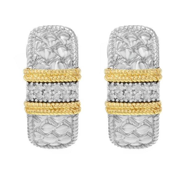 Round Cut Diamond Ladies Huggies Earrings 14k White & Yellow Gold 0.03cttw - Picture 1 of 3